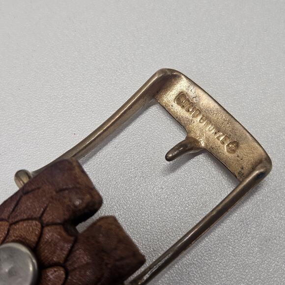 70s Handmade Top Grain Cowhide Leather Belt Sz 40 Solid Bronze Buckle Embossed - Picture 3 of 9